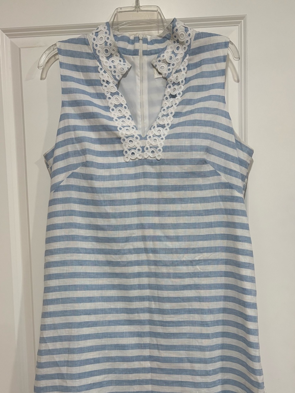 Eliza J Women’s 14 Blue White Stripe Linen Shift Dress Eyelet Trim Sleeveless - Picture 3 of 8